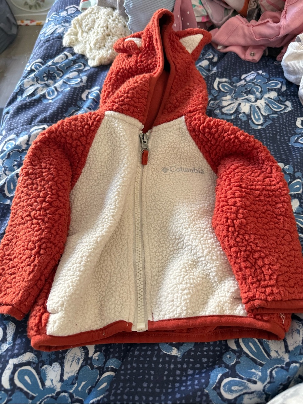 Columbia Kids Red and Cream Sherpa Zip Hoodie with Fox-Ear Hood